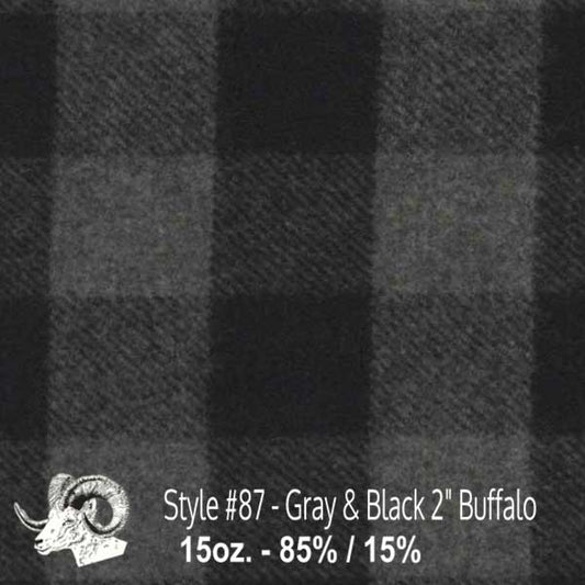 Johnson Woolen Mills swatch - gray and black 2" buffalo print 