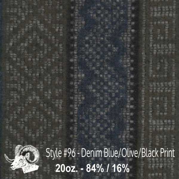 Johnson Woolen Mills swatch - denim blue, olive, black print
