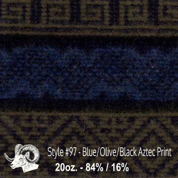 Johnson Woolen Mills swatch - blue, olive, black Aztec print