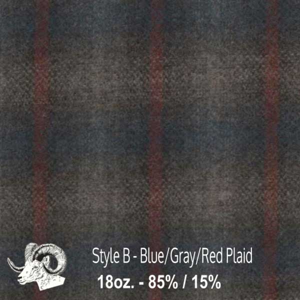 Johnson Woolen Mills swatch - blue, gray, red muted plaid