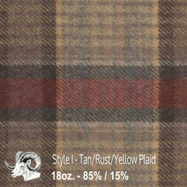 Johnson Woolen Mills swatch - tan, rust, yellow plaid