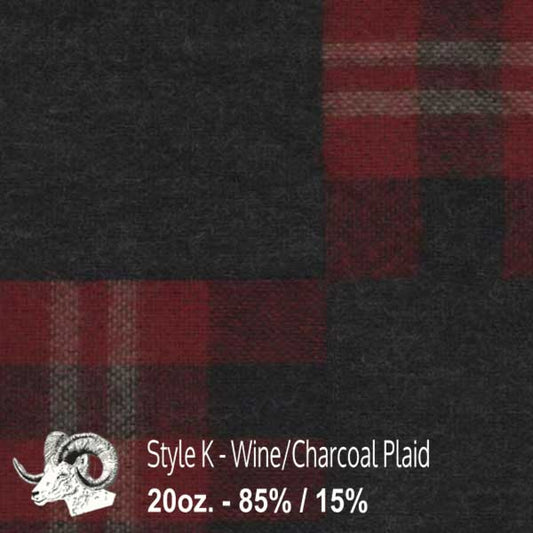 Wool fabric swatch, wine and charcoal plaid