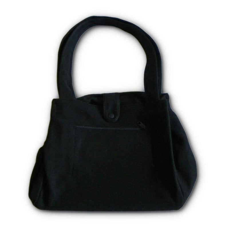Large Tote Bag, with canvas lining inside pocket and outside zip pocket, midnight black with handle, front view