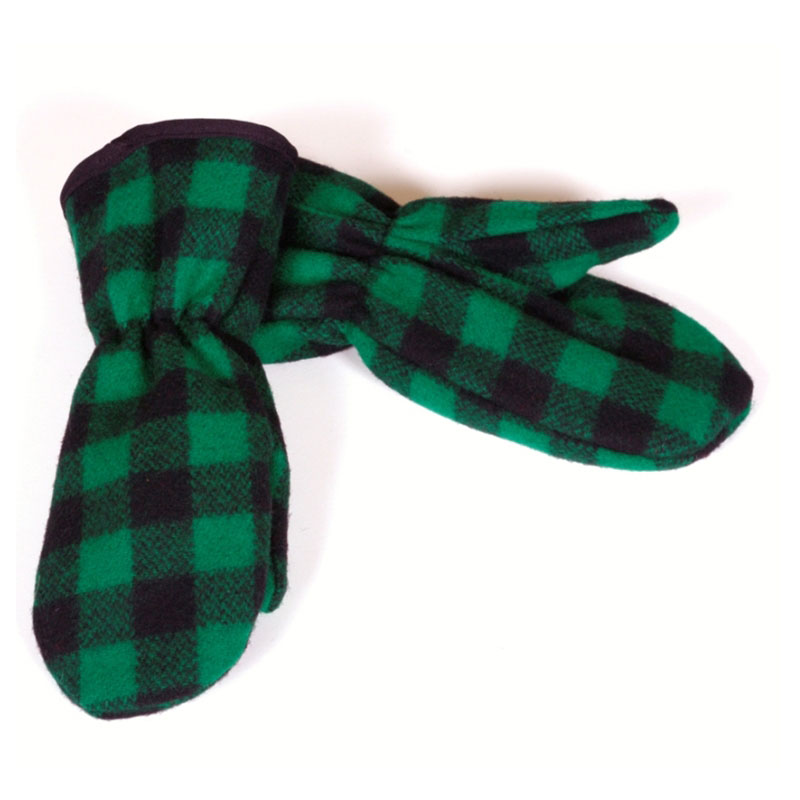 Mitten with tricot lining, green & black 1 inch buffalo squares, front & back view