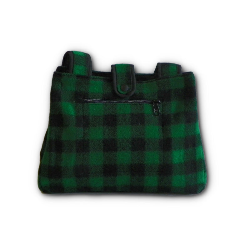 Johnson Woolen Mills Medium Tote Bag with nylon lining and snap closure - green, black 1" Buffalo plaid
