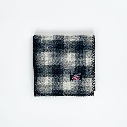 Wool scarf, ivory and gray plaid with blue stripe 
