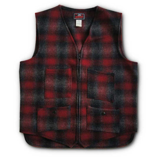 Vest unlined, red/black/gray muted plaid, 4 pockets, front view