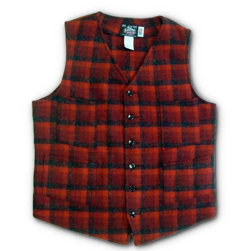 Vest Traditional Four Button, Autumn Moon, charcoal/shades of cranberry plaid, with two front pockets, front view