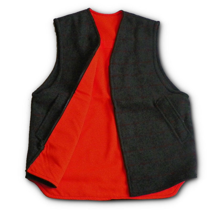 Vest Reversible, Adirondack, grey with red & green pin stripes, zipper front with two lower pockets, open front view