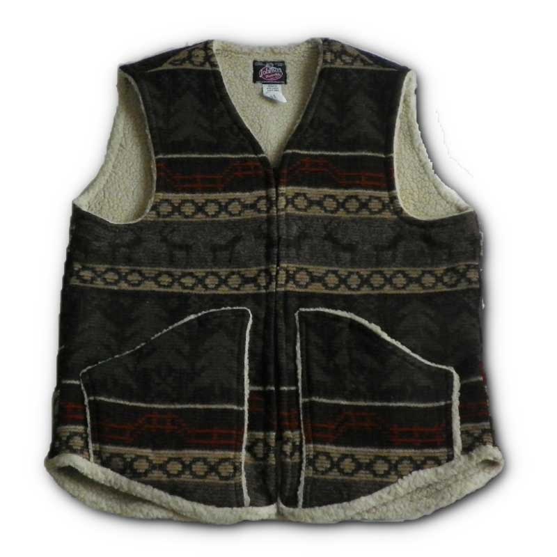 Vest with sherpa lining, Wilderness Print, olive/beige/tan print, zipper front with two pockets, zipped front view