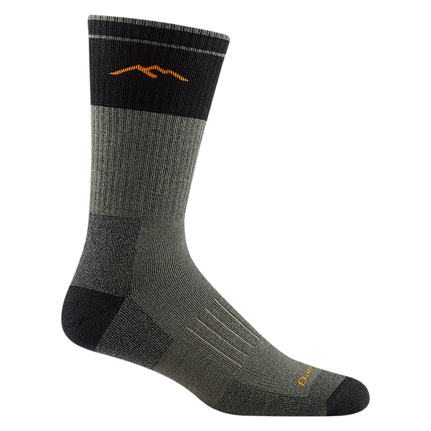 Darn Tough Hunter Boot Sock, gray with black heel & toe and orange mountain range design on top, side view