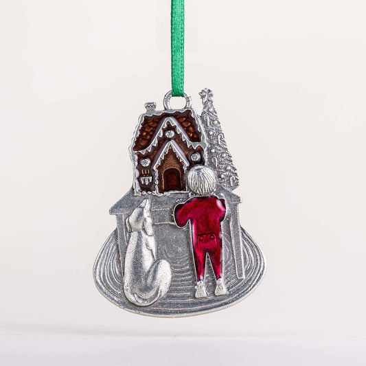 Danforth Pewter Christmas Ornament Dog and Boy making gingerbread house