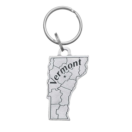 Danforth Pewter State of Vermont Keyring. Outline of the State with Vermont written across the center