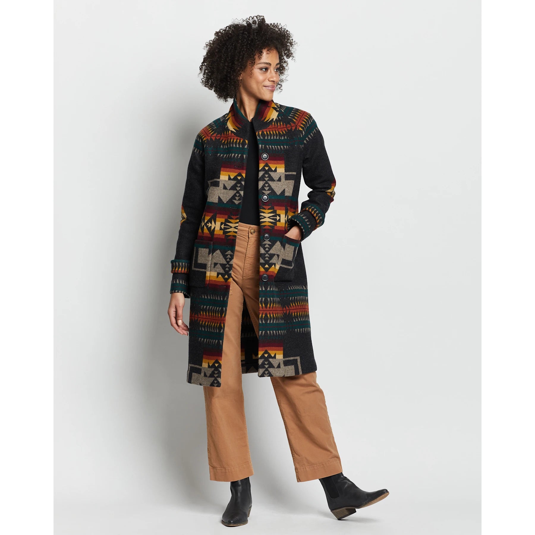 Pendleton womens long charcoal button down coat with rust, yellow and beige print.  Shown on model
