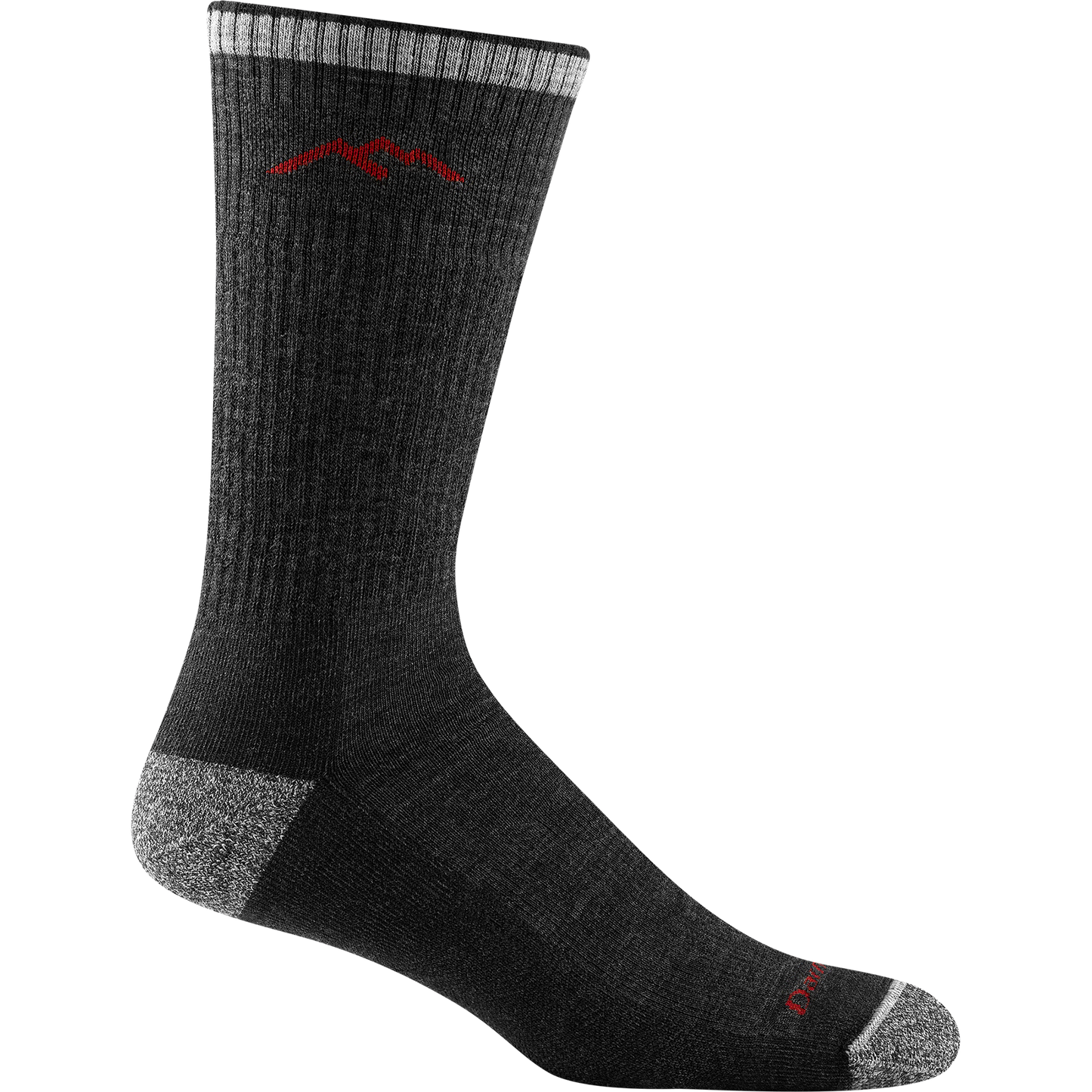 Darn tough black sock with red mountain outline detail, gray toe and heel