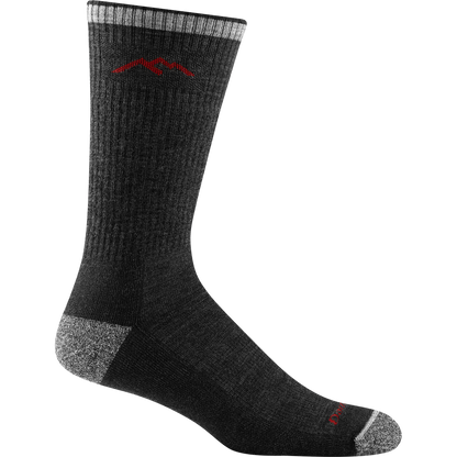 Darn tough black sock with red mountain outline detail, gray toe and heel