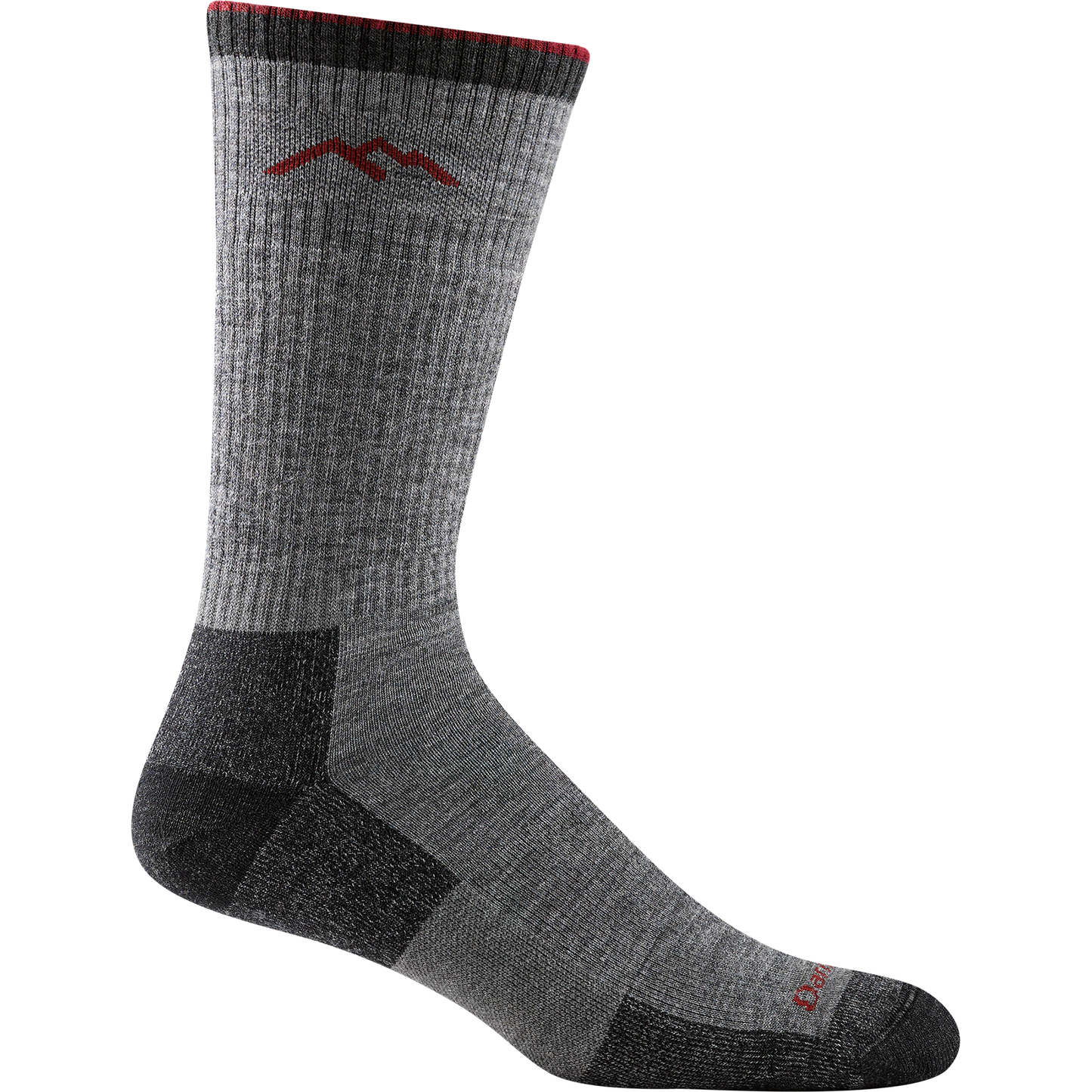 Darn tough charcoal gray sock with red mountain outline detail, dark gray toe and heel