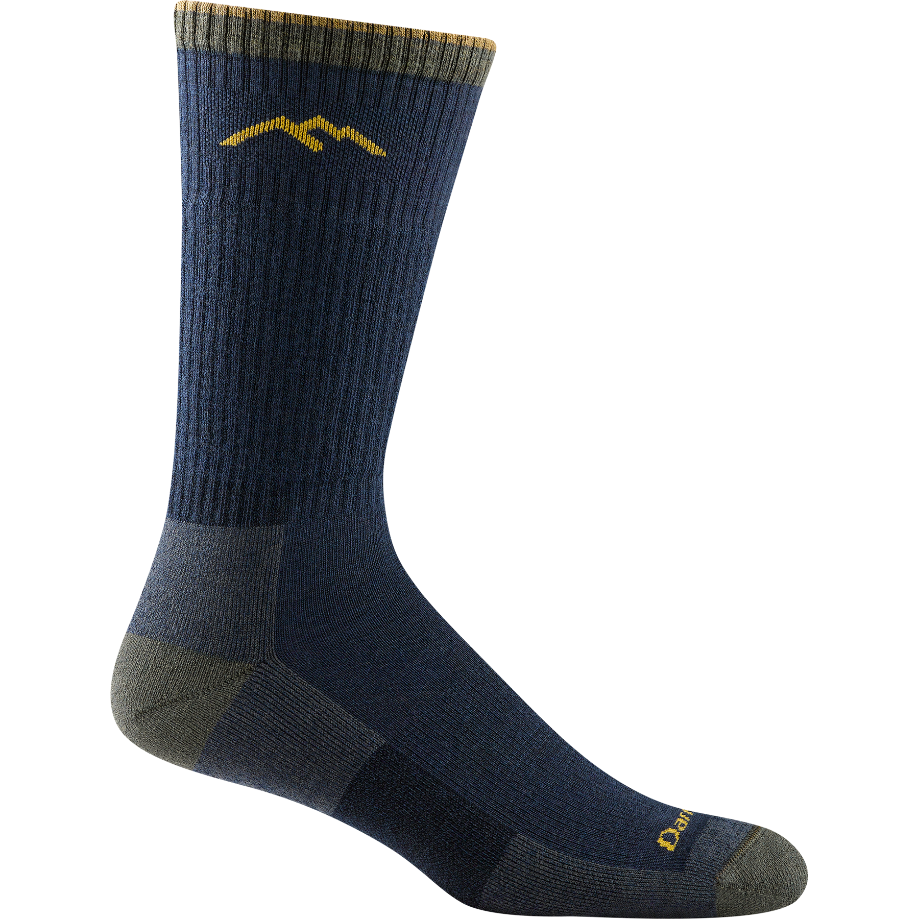 Darn tough navy blue sock with yellow mountain outline detail, green toe and heel
