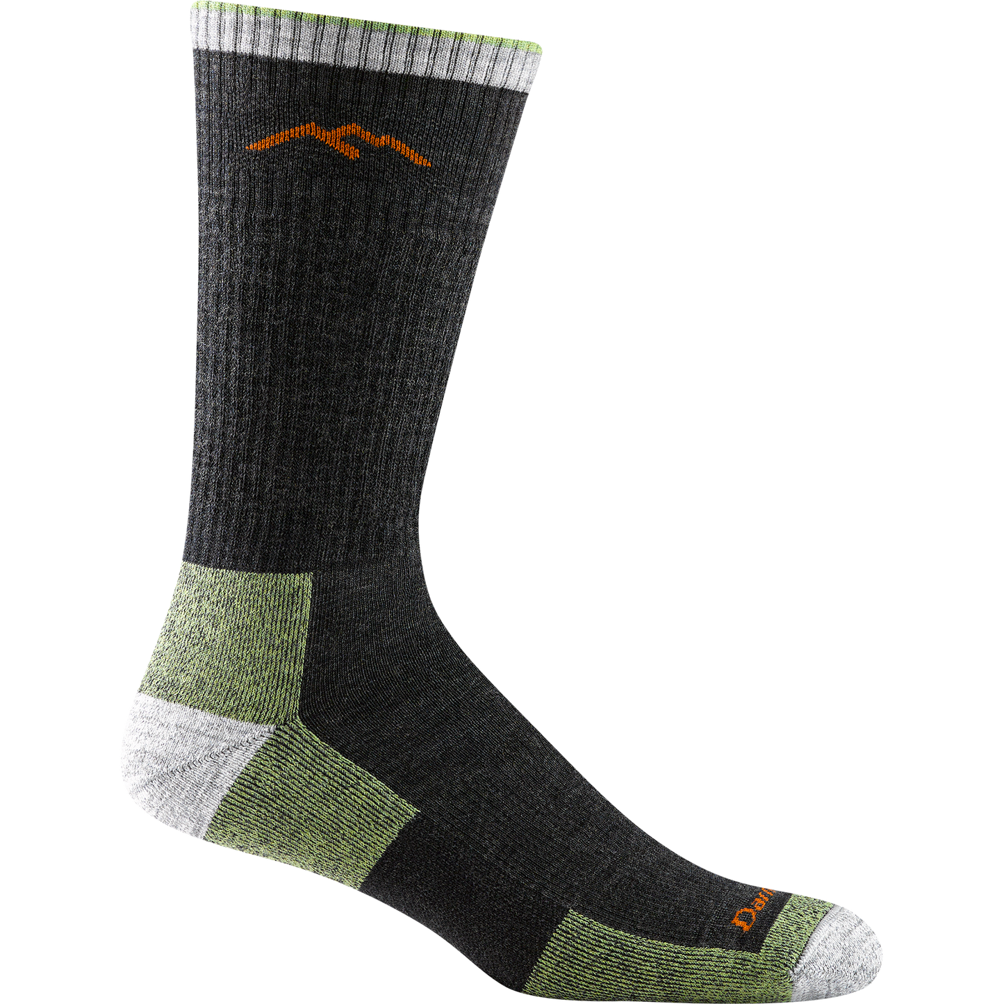 Darn tough lime and charcoal sock with orange mountain outline detail, white toe and heel