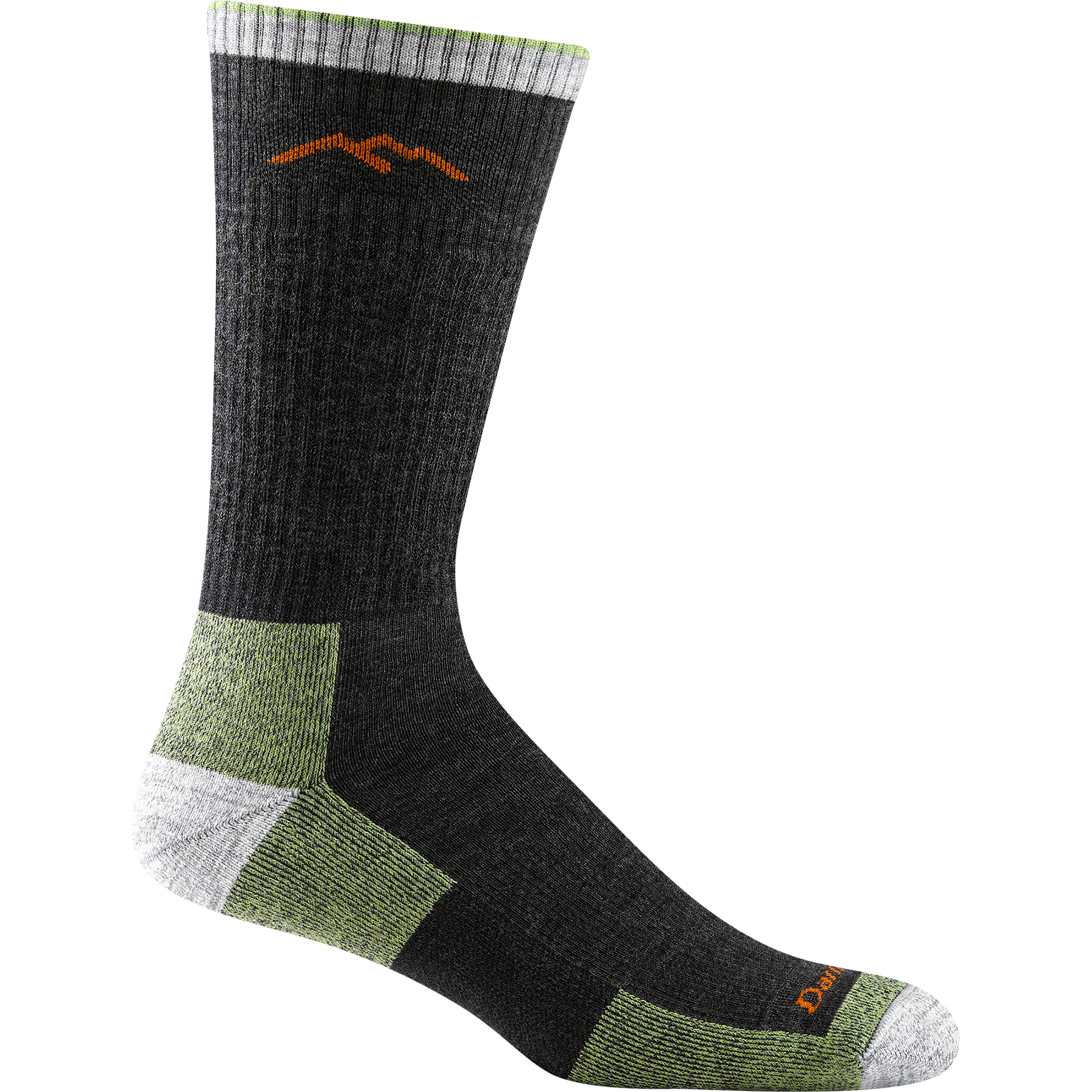 Darn tough lime and charcoal sock with orange mountain outline detail, white toe and heel