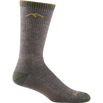 Darn tough taupe sock with yellow mountain outline detail, olive green toe and heel