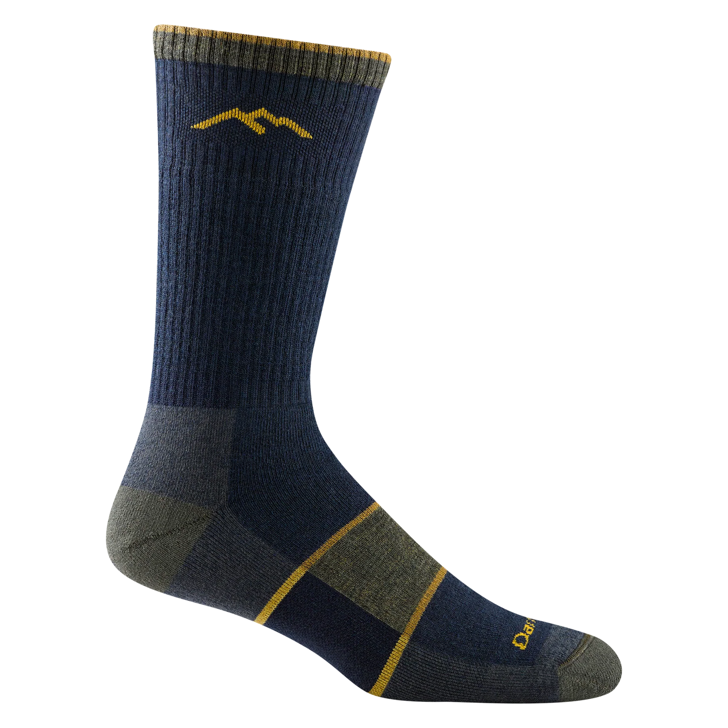 Darn tough navy blue sock with yellow mountain outline detail, olive green toe and heel