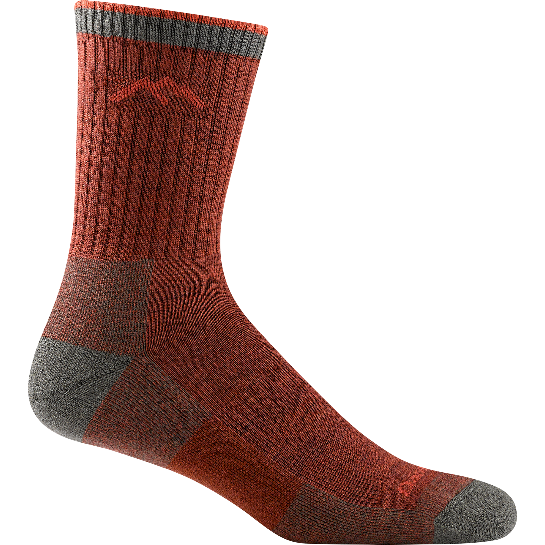 Darn tough rust sock with rust mountain outline detail, gray toe and heel