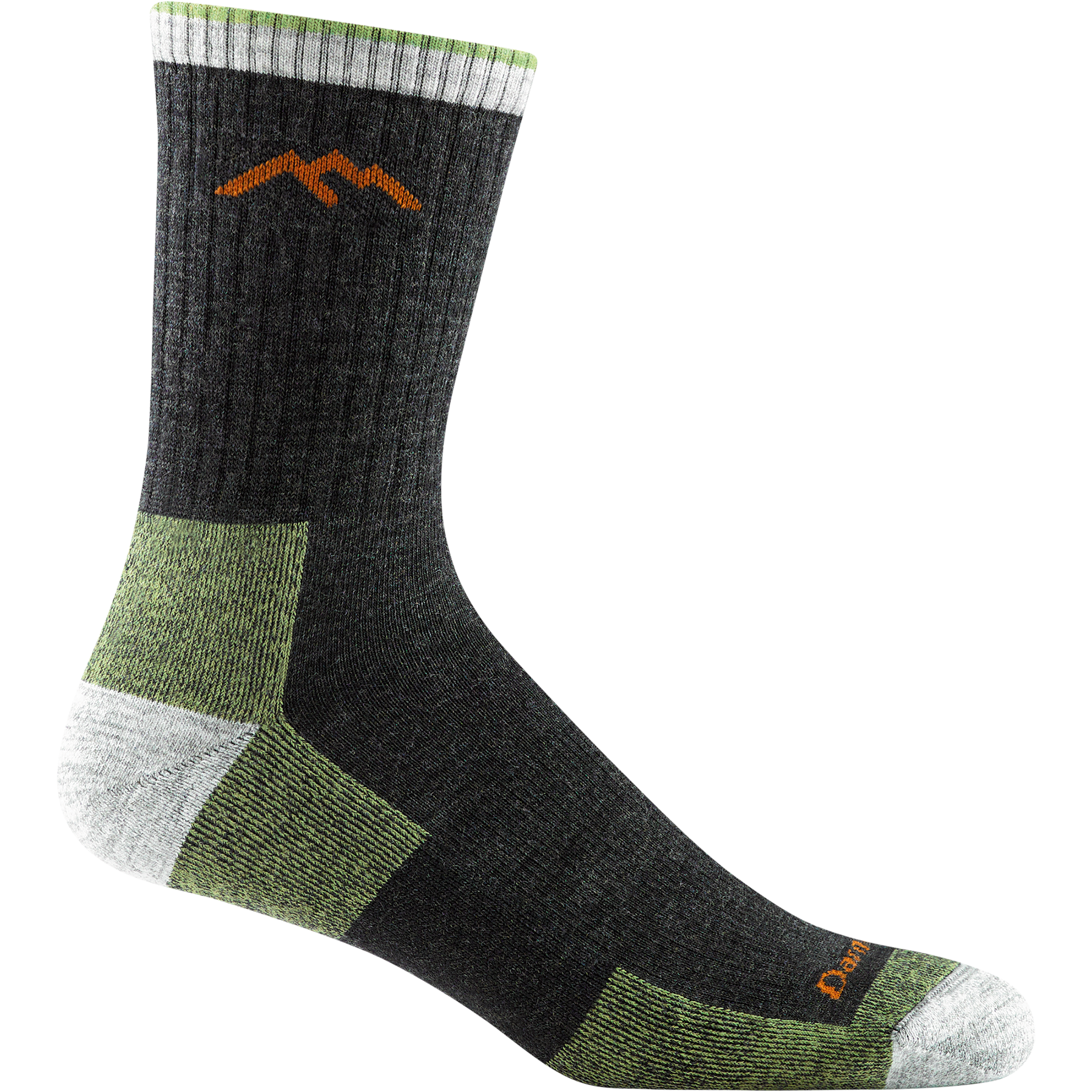Darn tough dark gray and lime green sock with orange mountain outline detail, white toe and heel
