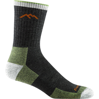 Darn tough dark gray and lime green sock with orange mountain outline detail, white toe and heel