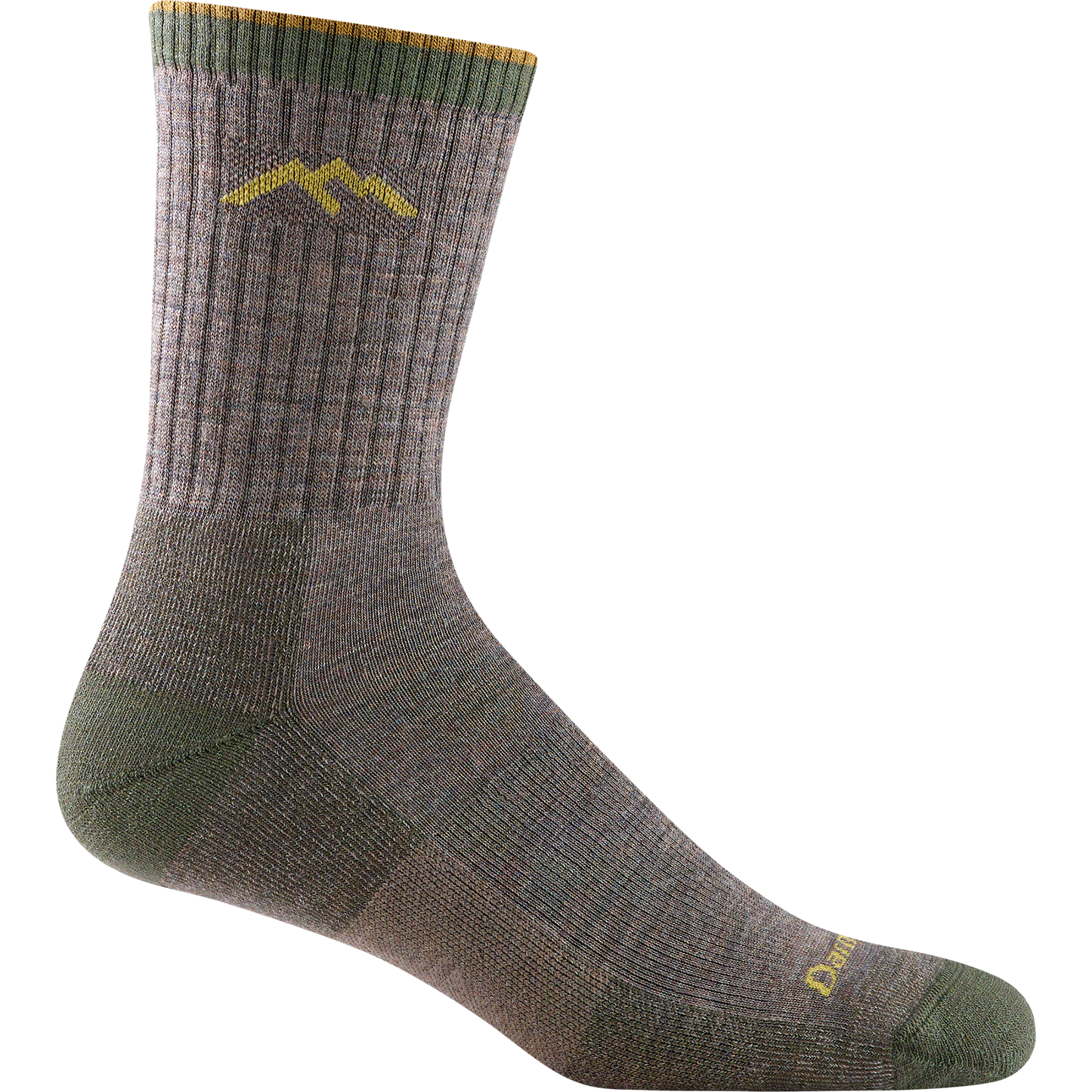 Darn tough taupe sock with yellow mountain outline detail, green toe and heel