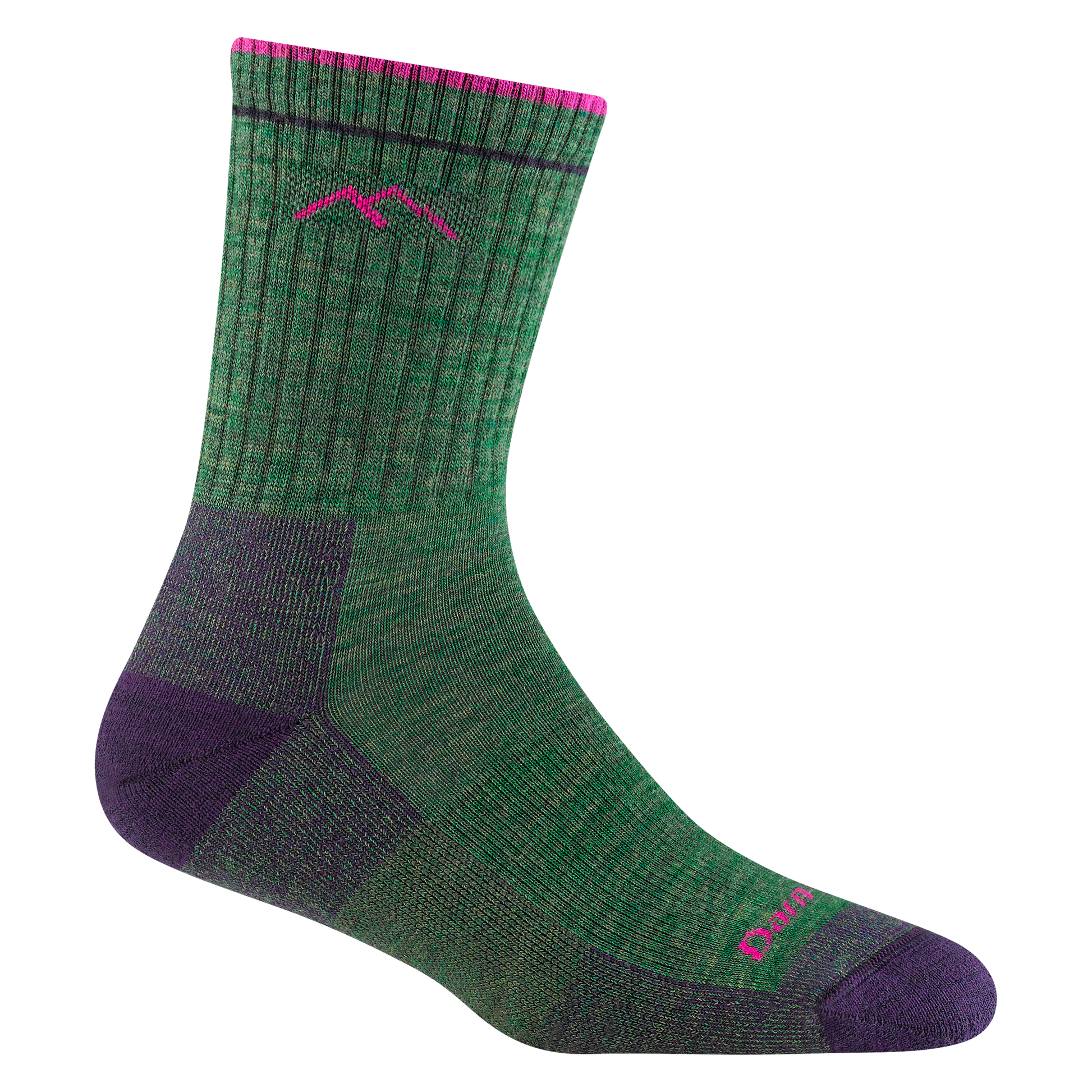 Darn tough moss green sock with pink mountain outline detail, purple toe and heel