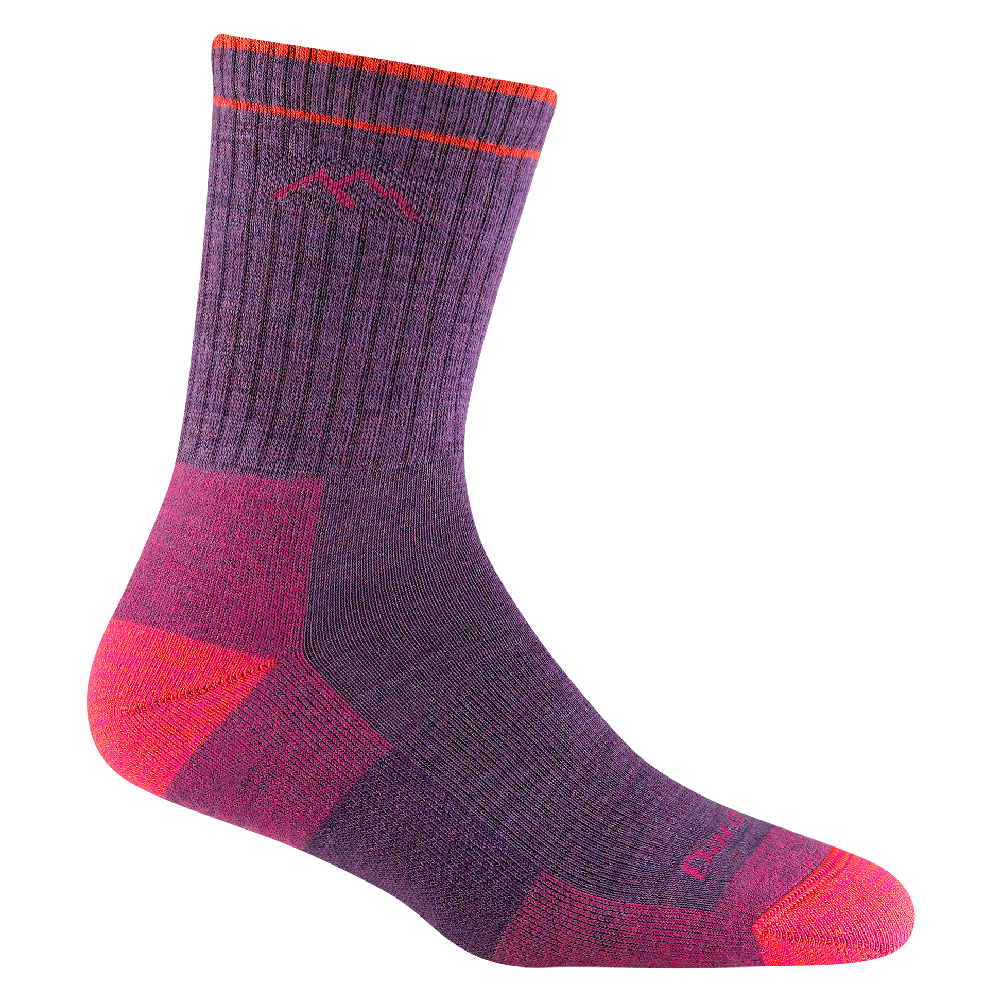 Darn tough plum sock with pink mountain outline detail, pink toe and heel