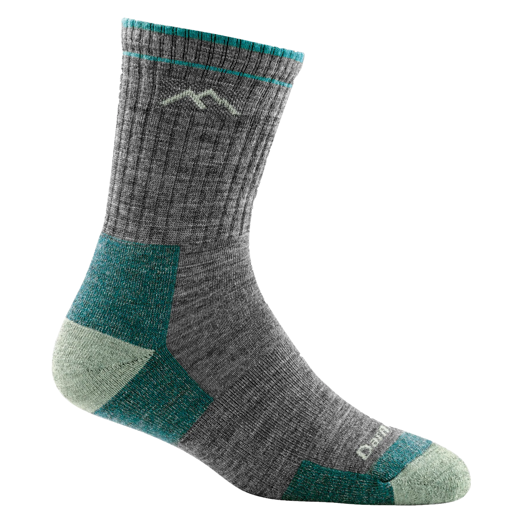 Darn tough slate gray sock with lime  mountain outline detail, lime green toe and heel