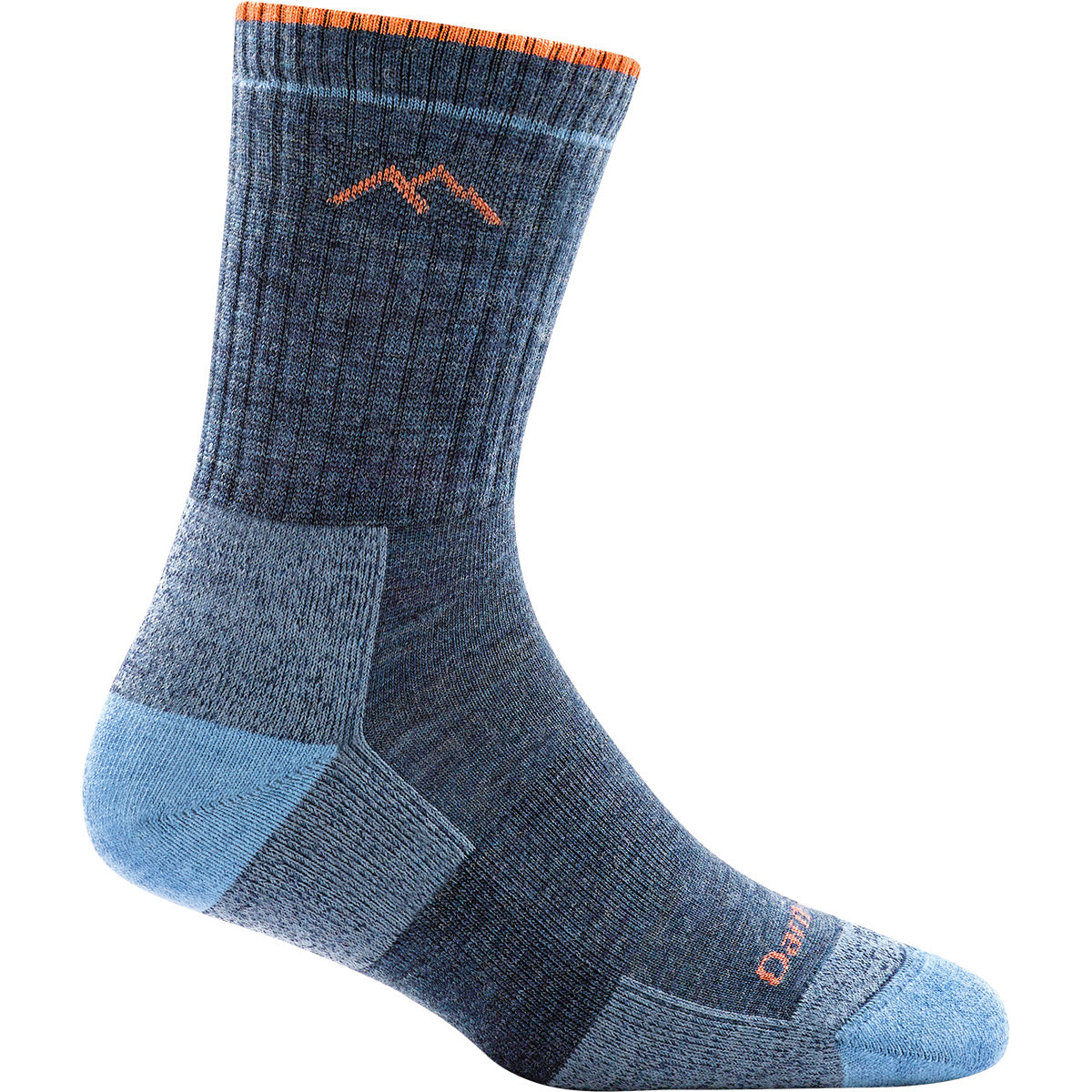 Darn tough denim blue sock with orange mountain outline detail, light blue toe and heel