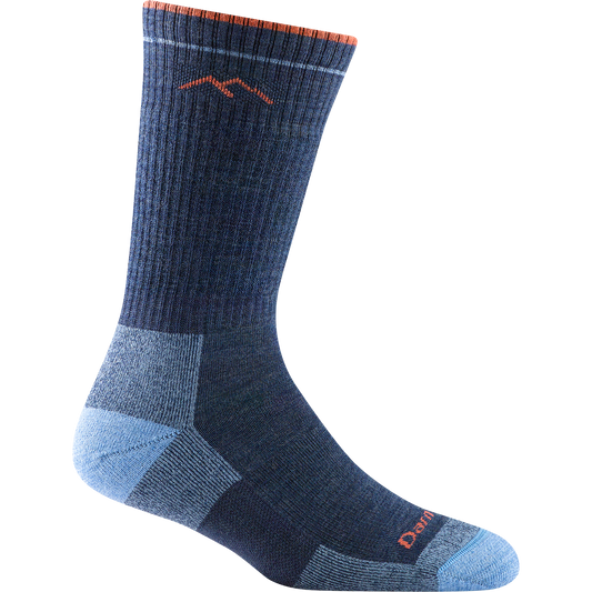 Darn tough denim-blue sock with orange mountain outline detail, light blue toe and heel