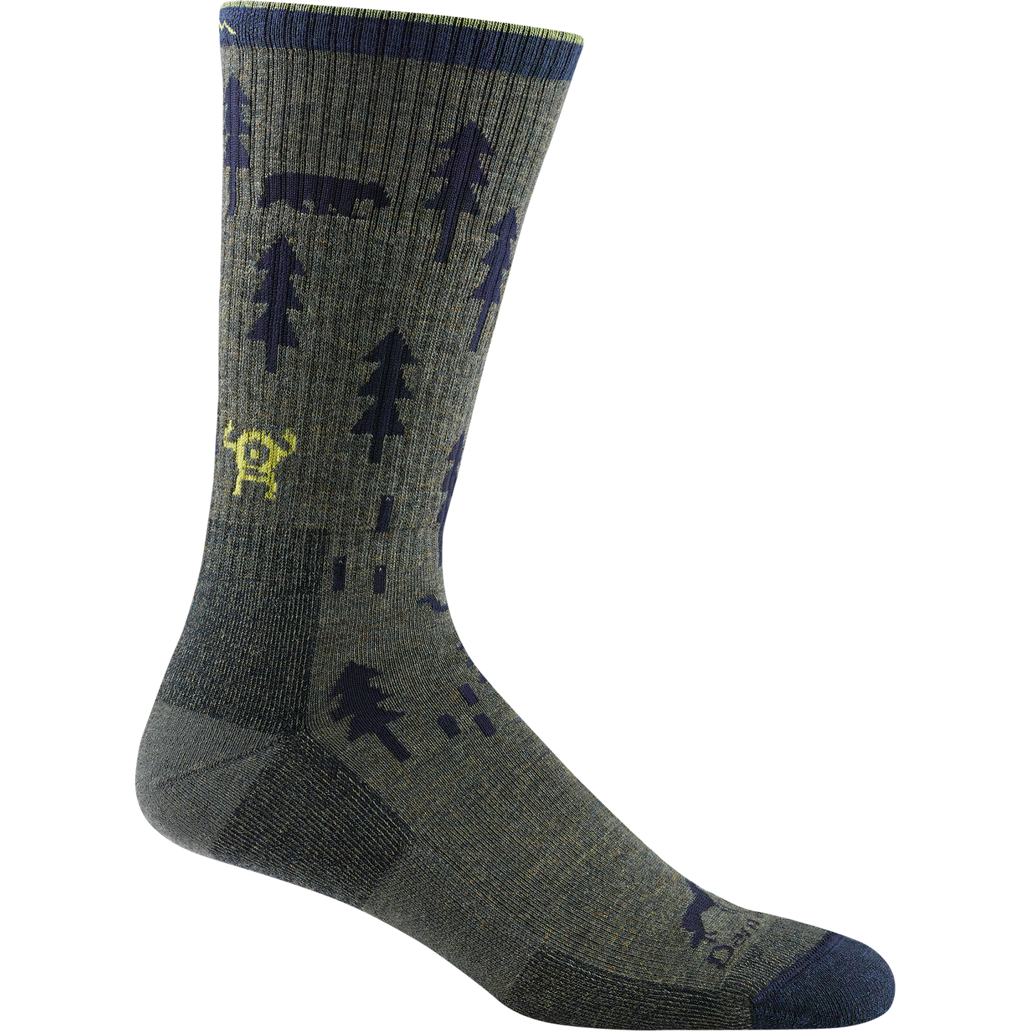 Darn tough olive green sock with navy forest geometric print