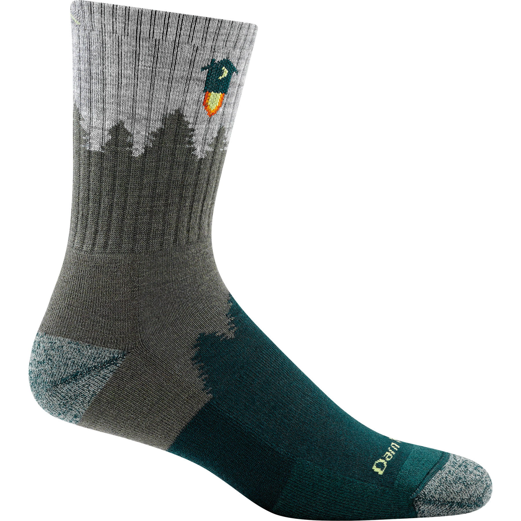 Darn tough green, olive and gray sock with fir tree outline