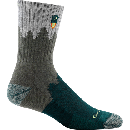 Darn tough green, olive and gray sock with fir tree outline
