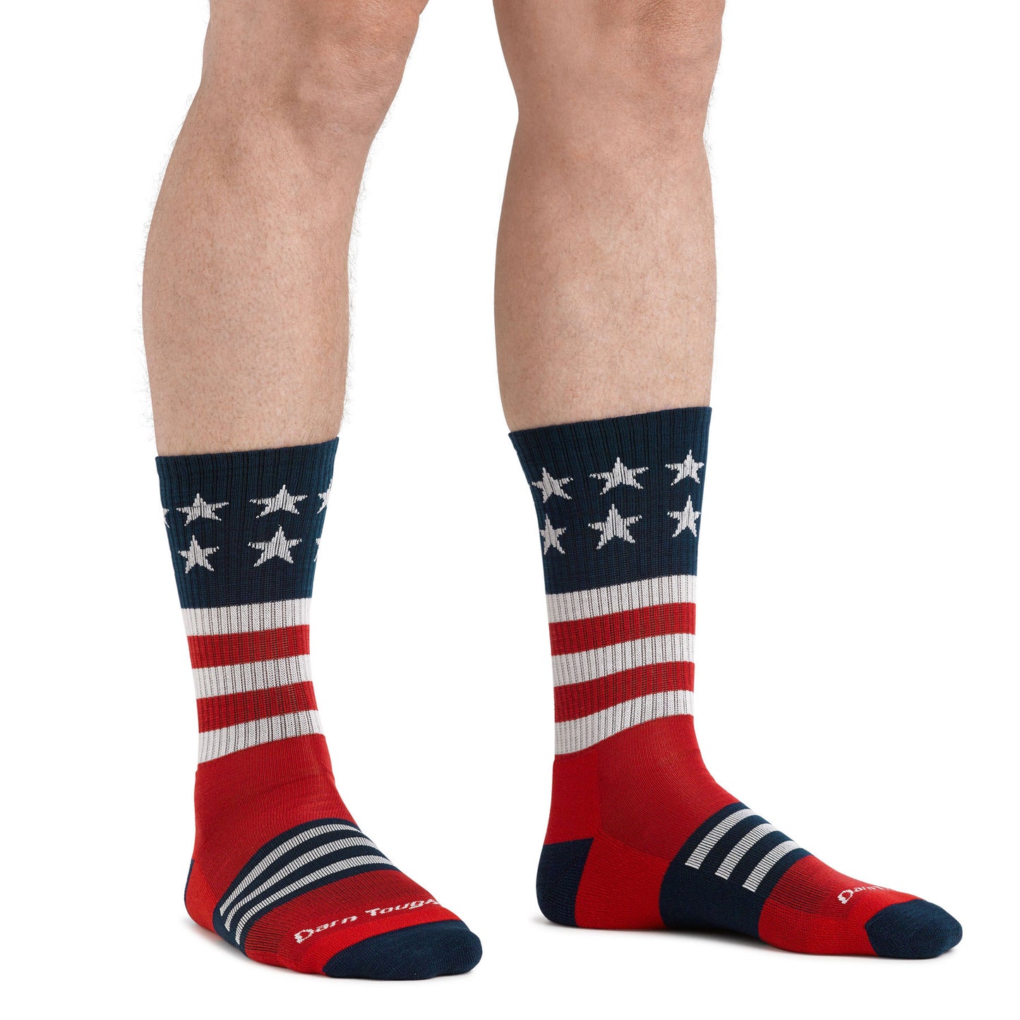 Darn Tough 1976 red white and blue stars and stripes socks on model
