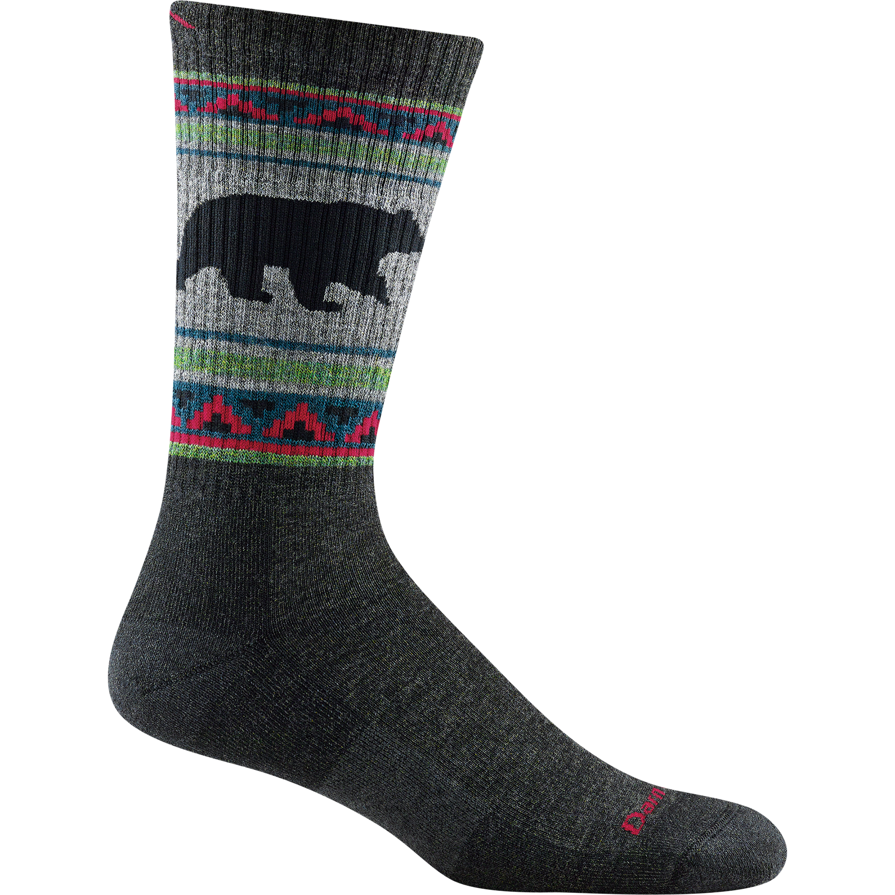Darn tough charcoal sock with bear and geometric print detail