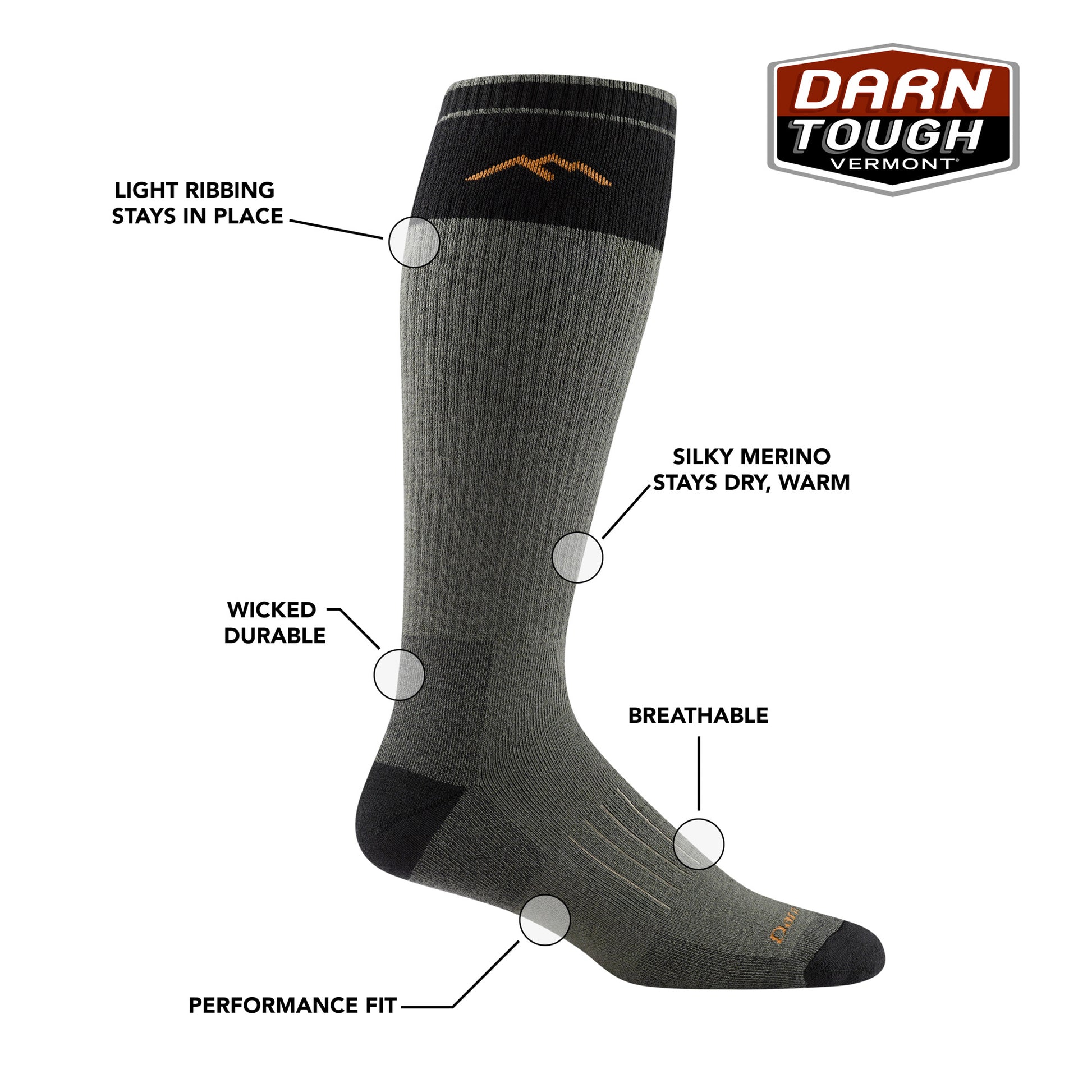 Darn Tough Over-the-Calf Heavyweight Hunting Sock features. Light Ribbing, wicked durable, silky merino stays dry and warm, breathable, performance fit.