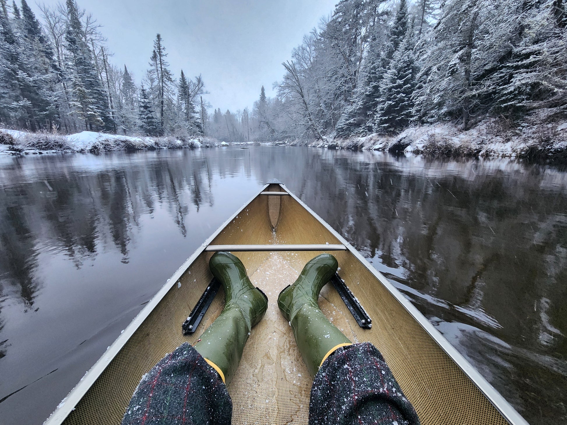 Johnson Woolen Mills wool bib overalls in snowy canoe
