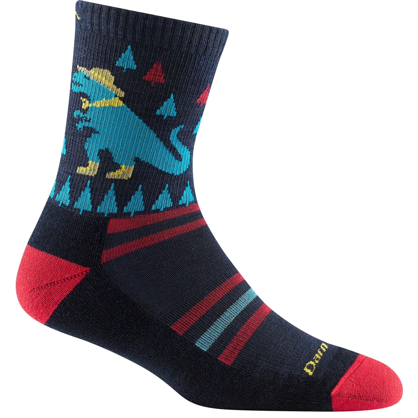 Darn Tough Children's 3038 Eclipse Dino sock - black, light blue, yellow and red