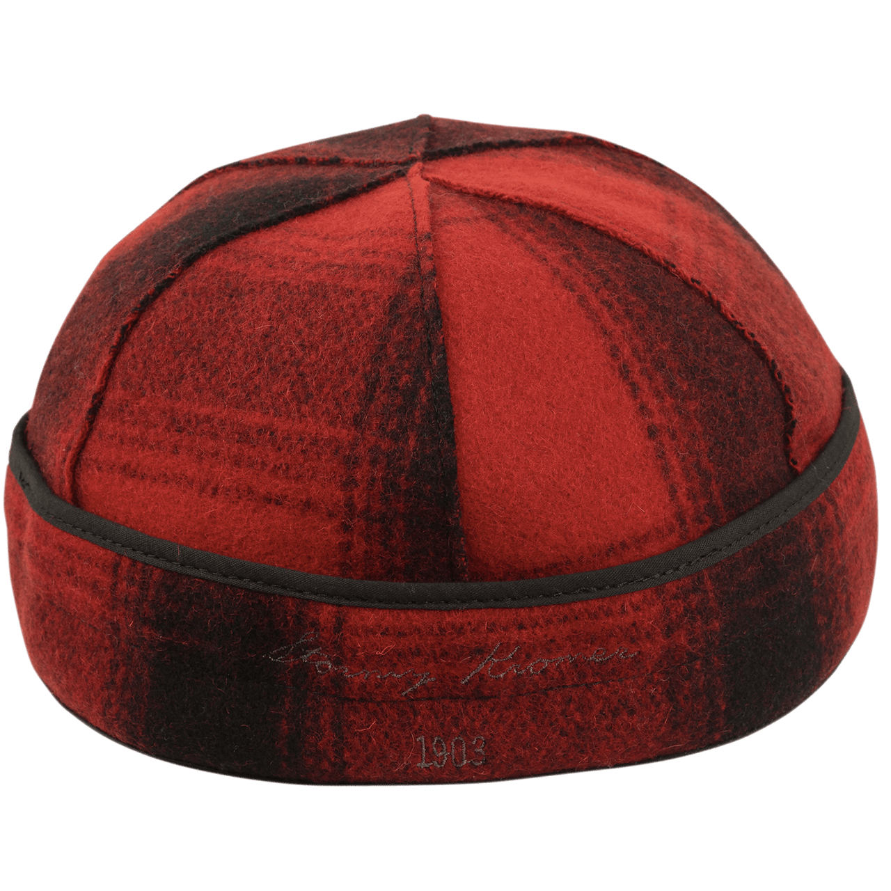 Back View of Stormy Kromer Original Red and black plaid wool hat