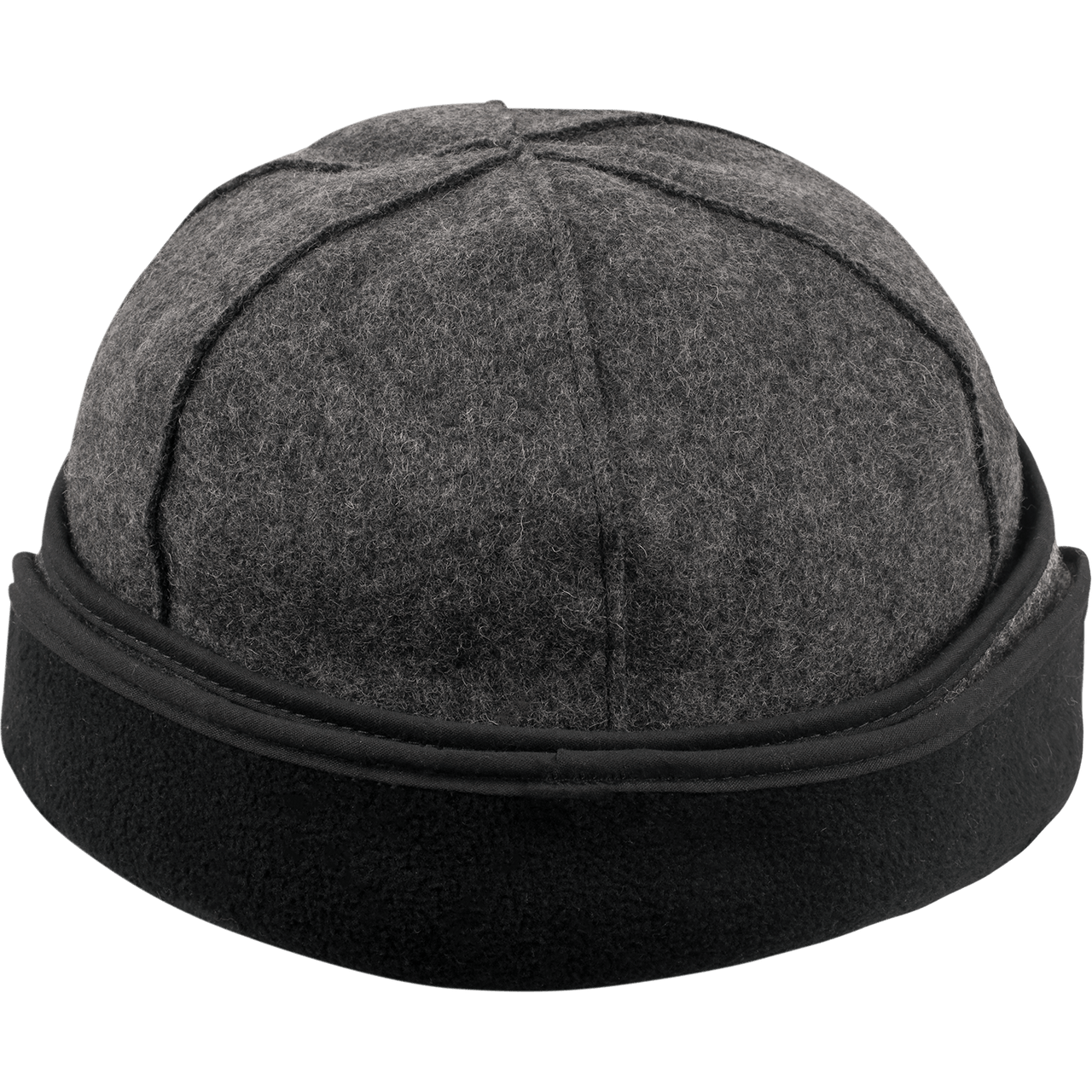 back view of Stormy Kromer Rancher gray wool rancher cap with ear flaps up