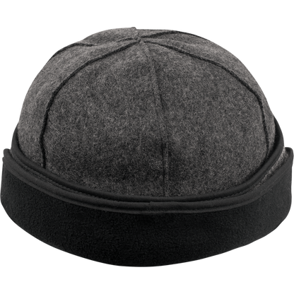 back view of Stormy Kromer Rancher gray wool rancher cap with ear flaps up