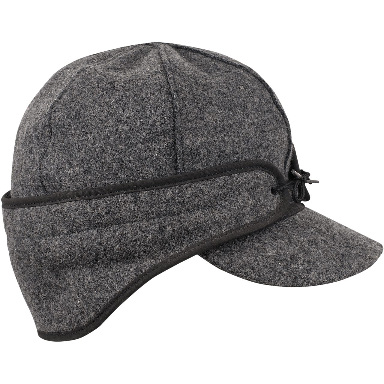 Side view of Stormy Kromer Rancher gray wool rancher cap with ear flaps down