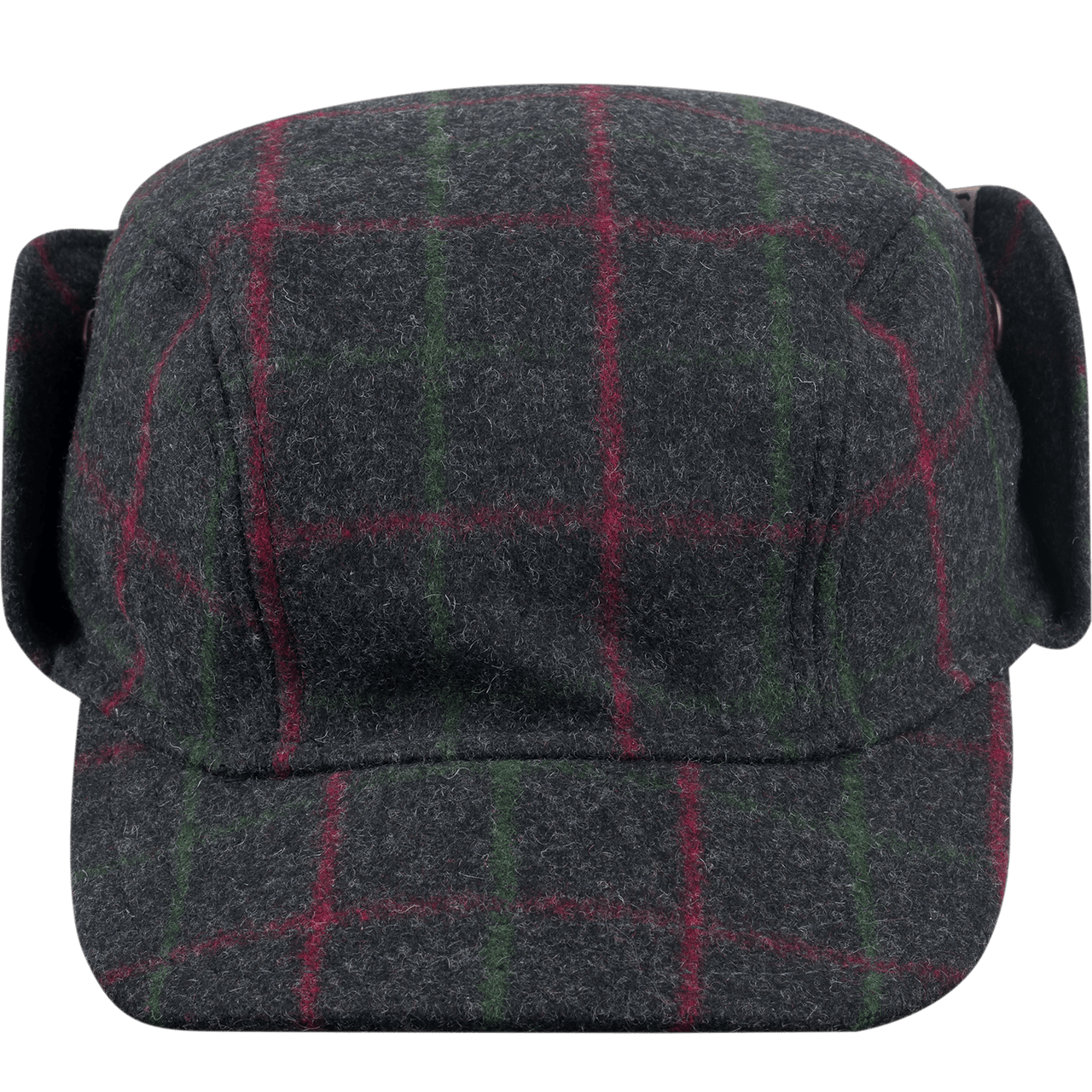 Stormy Kromer Adirondack Plaid Bergland Cap front view with ear flap up 