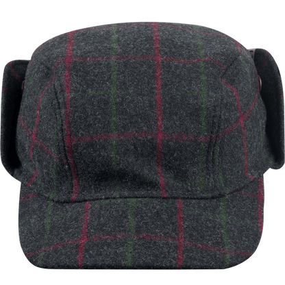 Stormy Kromer Adirondack Plaid Bergland Cap front view with ear flap up 