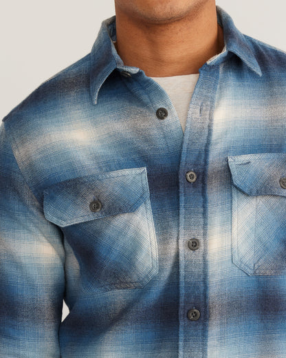 Pendleton blue button down shirt on model detail